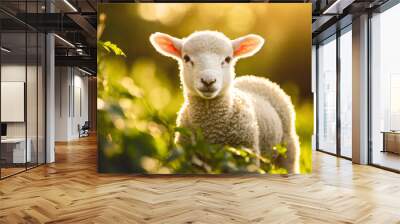 A cute, fluffy white lamb in vibrant green foliage Wall mural