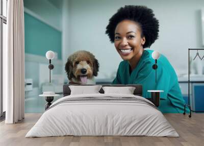 African female veterinarian with a dog. Generative AI. Wall mural