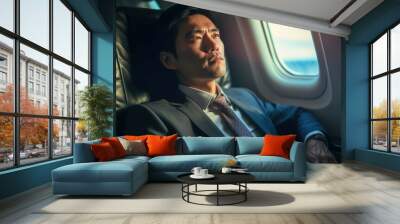 Asian business man on a plane, business trip. Generative AI. Wall mural