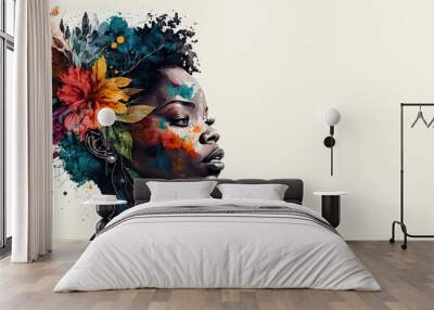 Black woman watercolor painting style banner made with Generative AI. Wall mural