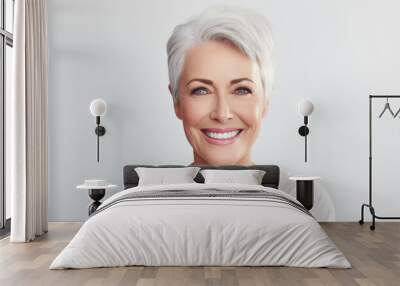 Portrait of smiling mature beautiful woman over gray background. Beauty, cosmetics skincare and dental advertising concept. Generative AI. Wall mural