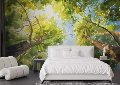 Watercolor painting pastel color steps of thick trees as seen from below. Wall mural