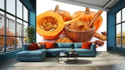 A fresh Pumpkin pie spice and Pumpkin pie spice Power isolated on white Wall mural