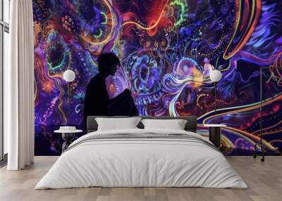 A person sitting in a dark room. The room is filled with swirling, colorful patterns The patterns are representing the person's thoughts, which are racing and chaotic Wall mural