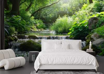 A serene countryside scene, with a babbling brook and lush greenery, creating a dreamy holiday wallpaper Wall mural