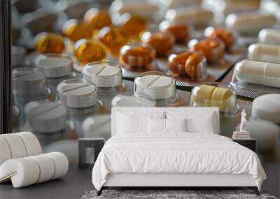 An arrangement of medicine pills and capsules, portraying the diverse range of available treatments. , background blur Wall mural