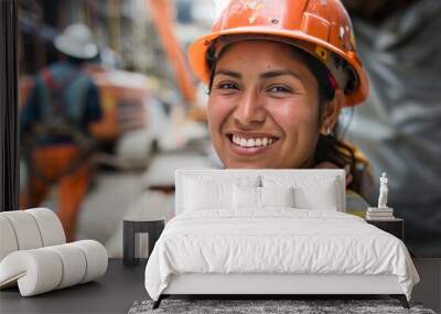 Captured on the work site, a female Aztec construction worker dons PPE and wears a bright smile , background blur Wall mural