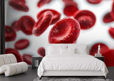 Close-up of erythrocytes flowing, set on a pure white background Wall mural