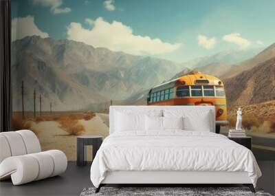 Desert Journey: Vintage Orange Bus on a Lonely Road Wall mural