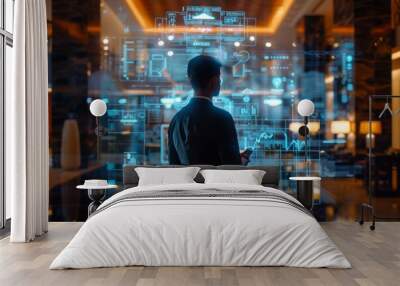 Futuristic Concept: Hotel manager with guest experience management software, in hotel lobby, guest preferences and service feedback visualized. Hospitality tech, guest analytics. , background blur Wall mural