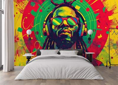 Photo of reggae music themed background with dreadlocks rasta man wearing headphones and sunglasses, circular red green yellow gradient in the background, colorful musical elements and retro style Wall mural