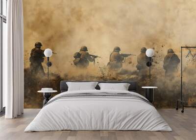 soldiers on the battlefield in world war ii, no visible faces. dusty background Illustration Wall mural