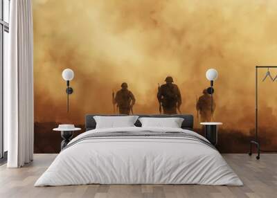 soldiers on the battlefield in world war ii, no visible faces. dusty background Illustration Wall mural