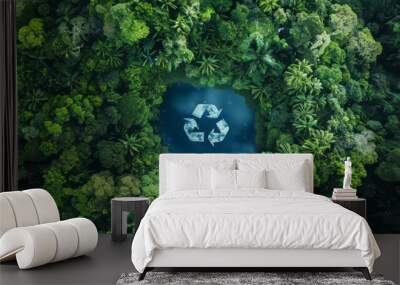 Top-down view of a serene pond nestled within a lush, untouched jungle, with a prominent recycling symbol floating at its center, symbolizing the call to recycle and reuse Wall mural