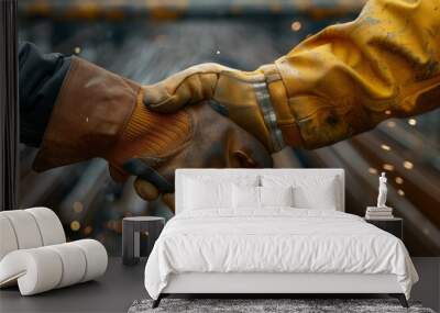 Two construction workers shaking hands with sparks flying, closeup shot of the handshake, focus on their leather gloves and steel frame in the background, in the style of professional photography Wall mural