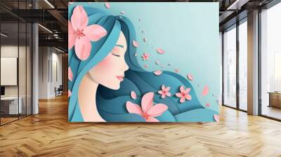 winder style shopping blue haired woman with a pink flowers banner template for women's day or mothe Wall mural