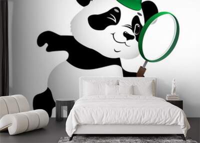 cute cartoon detective little panda looking for items with a magnifying glass on white background. funny animal in search . vector illustration. Wall mural