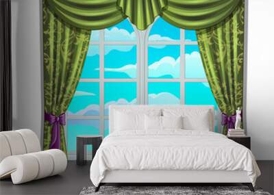 Classic window and view of sky and clouds. Antique glass in frame with green curtains and purple bows. Home elements. Image in cartoon style. Vector illustration isolated on white background Wall mural