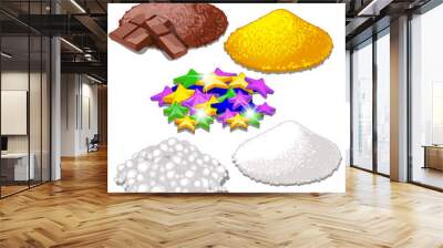 Set of handful of bright colorful food candy sprinkles for festive desserts isolated on white. Sample of granular topping and decors for baking. Grated chocolate, powdered sugar, stars. Vector. Wall mural