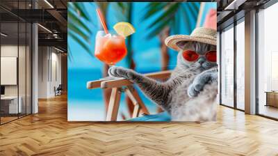 British Short Hair Cat in Straw Hat and Sunglasses with Tropical Cocktail Laying on Sun Lounger Wall mural