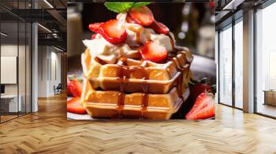 Delicious Belgian Waffles with Fresh Berries and Honey Wall mural