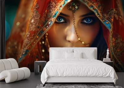 Portrait of Beautiful Woman Wearing Traditional Indian Clothes and Jewelry Wall mural