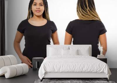 Black shirts set. Summer t shirt design and close up of young afro american woman in blank template t-shirt. Mock up. Copy space. front and back view. Wall mural