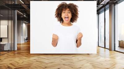 Happy young dark skin woman isolated on white background in tshirt clothes. Copy space. Mock up. White template blank summer t shirt. Curly hair girl Wall mural