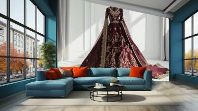 Indian wedding dress. Bridal lehenga. Bollywood red with gold wedding attire on hanger in luxury interior background. Festive traditional outfit. Beautiful ceremony dress. Banner Wall mural