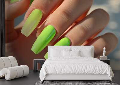 Manicure closeup. Woman bright green nails close-up. Nail care in beauty salon. Spa healthy treatments for female hands. Fashion bright summer trendy manicure. Wall mural