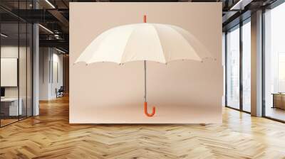 Open umbrella closeup isolated on white beige background. Front view of umbrella mockup in classic design. Rain protection. Rainy weather. Copy space. Blank template parasol. Banner Wall mural