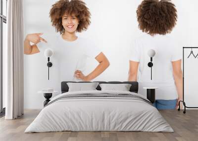 Shirts set. Summer t shirt design and close up of young afro american woman in blank template white t-shirt. Mock up. Copy space. Curly hair. front and back view. Wall mural