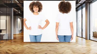 Shirts set. Summer t shirt design and close up of young afro american woman in blank template white t-shirt. Mock up. Copy space. Curly hair. front and back view. Wall mural