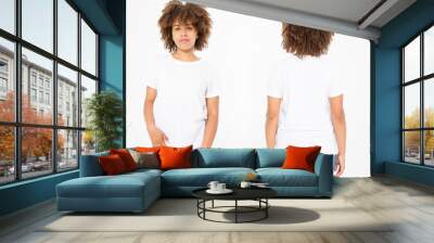 Shirts set. Summer t shirt design and close up of young afro american woman in blank template white t-shirt. Mock up. Copy space. Curly hair. front and back view. Wall mural