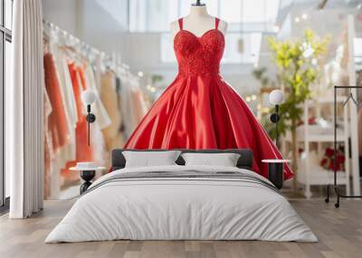 short bridesmaid red dress on salon background. elegant woman guest red wedding gown. cocktail dress Wall mural