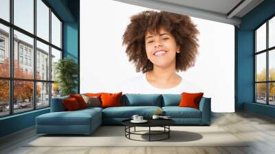 Summer fun time. Portrait of young beautiful brunette dark skinned woman with curly hair isolated on white background. Girl smile with perfect healthy teeth. Copy space. Mock up. Wall mural