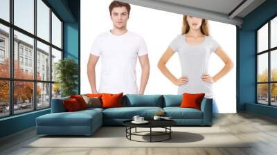 Woman and man in blank template t shirt isolated on white background. Guy and girl in tshirt with copy space and mock up for advertising. White and gray shirts. Front view Wall mural