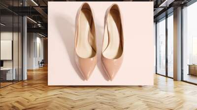 Woman Shoes Banner. High heels closeup. Top view. Women fashion. Ladies accessories. Girly casual formal shoe isolated. pink background. Footwear on floor. Copy space, mockup. flat lay Selective focus Wall mural