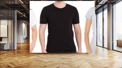 Women and man in blank template t shirt isolated on white background. Guy and girls in tshirt with copy space and mock up for advertising. Black and gray shirts. Front view Wall mural