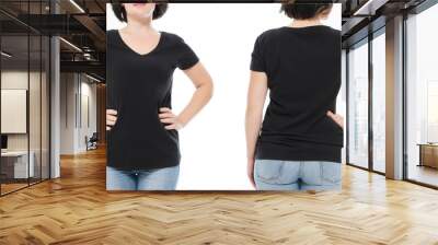 Women black blank t shirt, front and back rear view isolated on white background. Template shirt, copy space and mock up for print design. Cropped image Wall mural