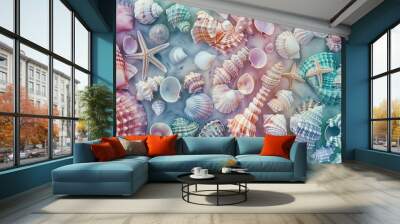 abstract background of pastel colored starfish and seashells Wall mural