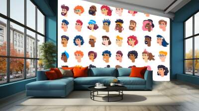 Vector set on the theme of multiracial people. Colorful isolated avatars of men and women. Cartoon flat characters for use in your design Wall mural