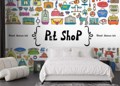 Vector set with hand drawn isolated colored doodles on the  theme of pet shop. Sketches for use in design Wall mural