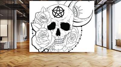 Gothic Skull with Roses. Gothic graphics with a pentagram. Wall mural