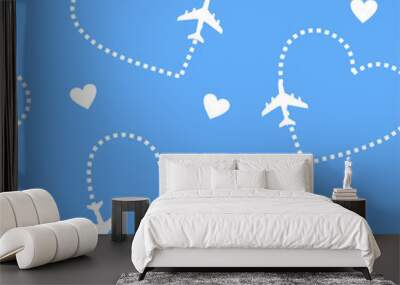 cute pattern with white planes and hearts on a blue travel background Wall mural