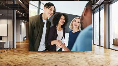 Partnership, handshake and happy business people in meeting for thank you, planning and collaboration. Diversity, teamwork and men and women shaking hands for welcome, agreement and deal success Wall mural