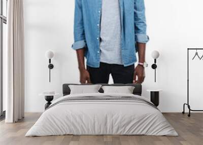 Portrait, fashion and mockup with a model black man in studio isolated on a white background for clothes branding. Style, casual and product placement with a handsome young male posing on blank space Wall mural