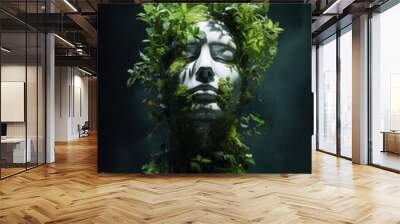 A beautiful male statue covered in lush green foliage emerges from the water. Concept of green ecology and sustainability. Generative AI. Wall mural