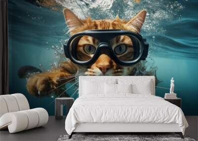 A cat with diving goggles dives in the water. Surreal fun concept of nature, animals and summer. Generative AI. Wall mural