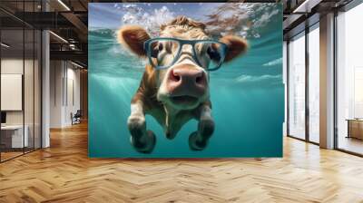 A cow with glasses dives in the water. Surreal fun concept of nature, animals and summer. Generative AI. Wall mural